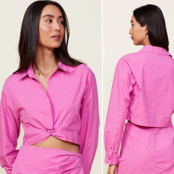 MONROW Poplin Front Twist Shirt Violet Pink Plunge Crop Long Sleeve Small NEW - Picture 1 of 10